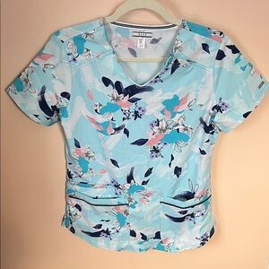 NWT ELLE BY CHEROKEE 3-Pocket V-Neck Short Sleeve Scrub Top Light Blue Floral XS